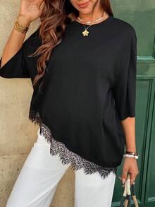 SHEIN Trang phục mùa hè, Quần áo bà bầu, Áo bầu, Áo thun bà bầu cổ tròn tay ngắn màu trơn phối ren vạt bất đối xứng, Áo thun nữ thường ngày, Áo kiểu nữ, Áo thun mới, Áo rộng nữ, Áo thun viền ren, Áo cotton nguyên chất, Áo công sở nữ, Áo kiểu nữ, Áo khoác ngoài thường ngày, Áo kiểu Zanzea cho nữ, Áo cotton đen, Áo nữ viền ren đen, Áo cotton mềm mại. - màu đen - Xem 2
