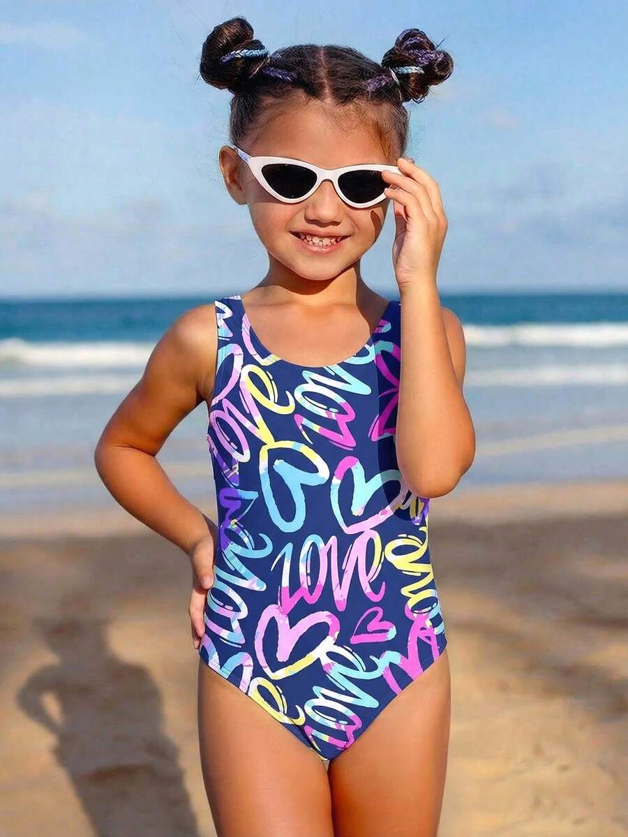 Young Girl Heart Print One-Piece Swimsuit, Suitable For Beach Vacation, Pool Party, Beach Party - Multicolor - View 1