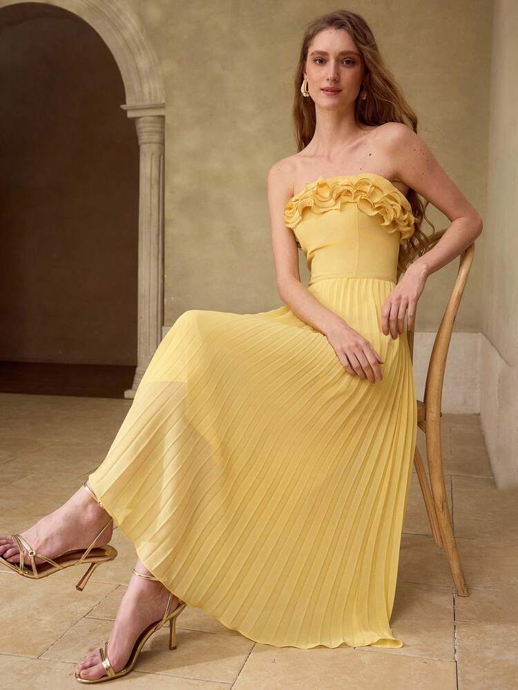 PLEATED RUFFLE BANDEAU DRESS