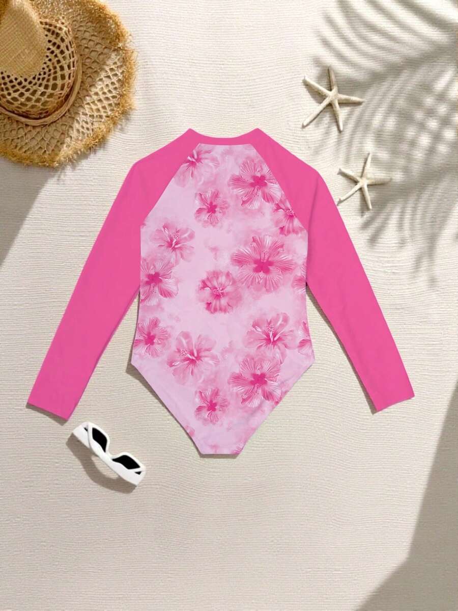 SHEIN 少女休闲度假碎花随机印花玫红色长袖针织连体泳衣,休闲时尚可爱,适合少女夏季度假和海滩穿着 - 彩色 - 查看 1