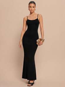 Leighera Women's Summer Slim Strap Bodycon Dress, Ladies Sexy Backless, Criss Cross Sleeveless Spaghetti Strap Slim Fit Long Black Plain Cami Women Long Dresses, Spring/Summer, Party/Nightclub Outfits Maxi Women Outfit - Black - View 5