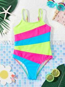 SHEIN Young Girls' Casual Minimalist Camisole One-Piece Swimsuit, Suitable For Summer - Multicolor - View 1