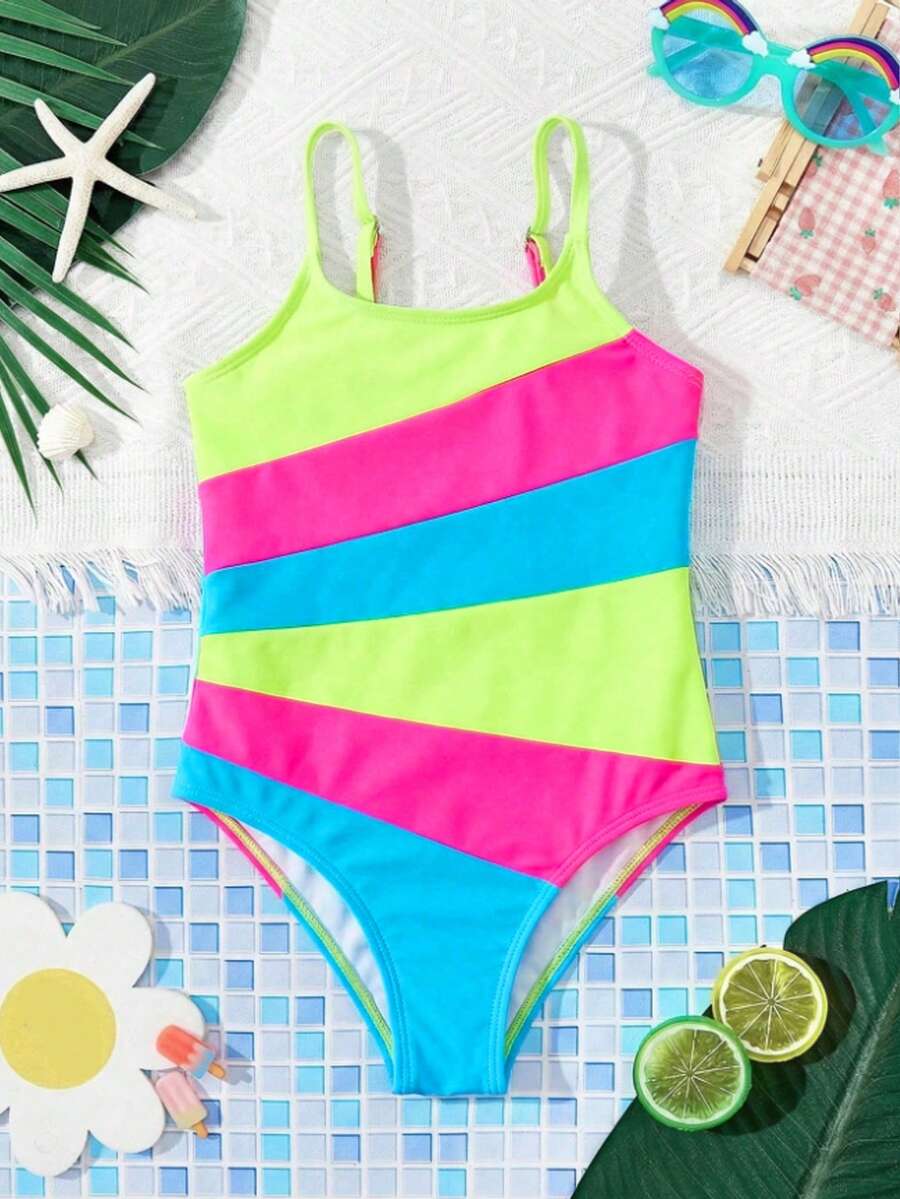 SHEIN Young Girls' Casual Minimalist Camisole One-Piece Swimsuit, Suitable For Summer - Multicolor - View 1