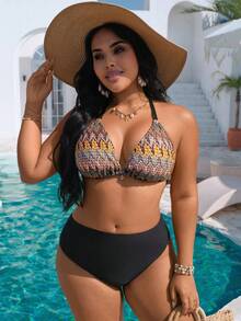 Swim Vcay Áo bikini mùa hè cỡ lớn dành cho nữ, nhiều màu sắc, chất liệu jacquard, kiểu dáng gợi cảm, cổ yếm buộc dây, thiết kế cúp ngực tam giác, trang trí mặt dây chuyền hình vỏ sò, thích hợp cho kỳ nghỉ biển và tiệc tùng. - Nhiều màu - Xem 6