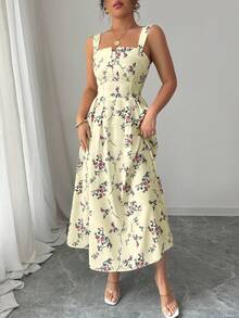 Elenzga Latest Spring/Summer Floral Print Elegant Waist Gathering Pleated Long Dress For Women - Yellow - View 4