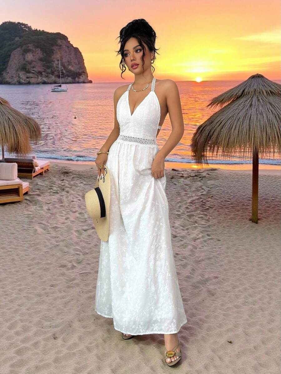 Elenzga 女士夏季新款浪漫优雅沙滩度假连衣裙，白色编织刺绣，露背系带无袖连衣裙 - 白色 - 查看 1