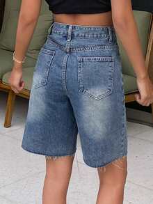 DAZY Quần short denim nữ dáng suông, cạp trung bình, rách tua rua, đính đá lấp lánh, thích hợp mặc mùa hè. - Rửa trung bình - Xem 3