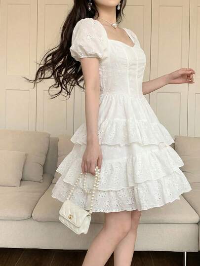 Feyla Romantic Embroidery Ruffle Hem Women Mini Dress, White Dress For Graduation, Summer Dresses For Women, Birthday Dresses For Women, Flowy Dress, Graduation Dresses, Embroidered Dress, White Dress For Graduation