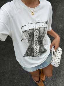 K-Vae Vintage Loose Fit Cropped Short Sleeve Sexy T-Shirt Top, Summer,Summer Top - White - View 2