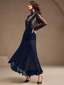 Gaun Anewsta Wanita Elegan Romantis Berbahan Renda Lengan Panjang dengan Potongan Pas Badan dan Hiasan Rumbai di Bagian Bawah - Navy Blue - View 6