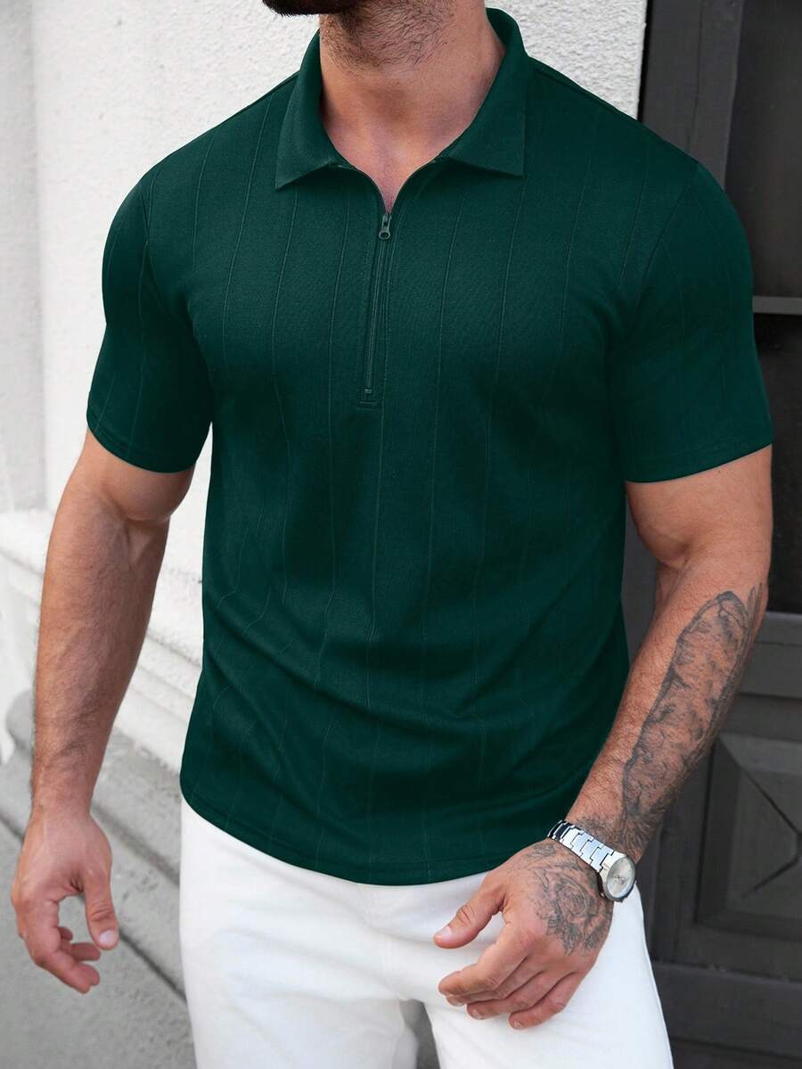 Manfinity CasualCool 男士休闲纯色短袖Polo衫,适合夏季日常通勤 - 墨綠色 - 查看 1