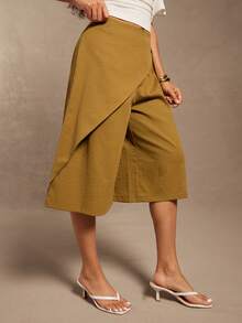 Vixey Khaki Asymmetrical Wrap Panel Bermuda Shorts - Camel - View 4