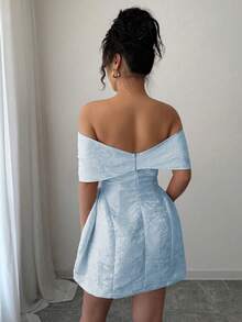 Rafferiza 女士露肩蝴蝶结领提花面料迷你连衣裙，春夏款 - 藍色 - 查看 2