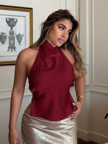 Maria Perezxox Áo tank top nữ màu mơ, hở lưng, cổ xếp ly, gợi cảm và thanh lịch cho mùa xuân/hè. - Màu Đỏ Sâu - Xem 3