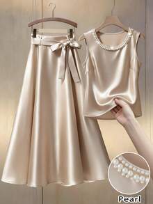 GlowEve Elegant Knit Camisole Top With Pearl Collar & Flared Skirt With Bow Tie Waist, Women 2-Piece Set, Fashionable Summer Outfit - Champagne - View 8