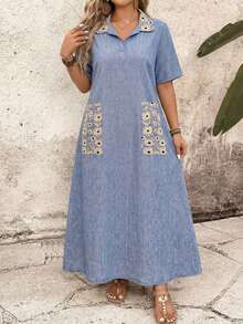SHEIN Plus Size Loose Denim Floral Pocket Dress - Blue - View 4