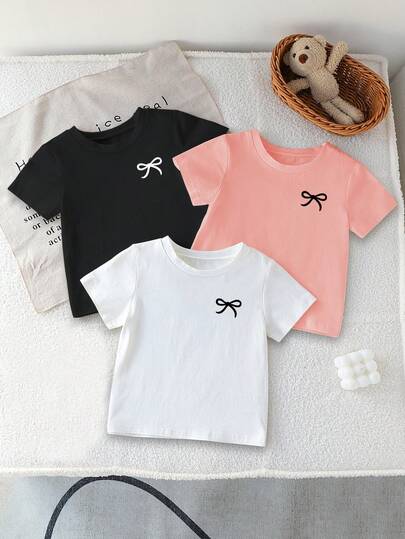 3件套女童及幼儿女童白色、粉色、黑色圆领蝴蝶结印花T恤，休闲运动可爱校园套装，适合春、夏、秋季，基础款简约日常舒适穿搭，4-7岁