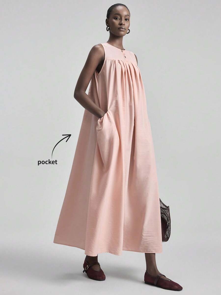 Ontre Women's Light Pink Ice Cream Texture Soft Fabric Loose Fit Round Neck Sleeveless Spliced A-Line Dress, Fashionable Casual Cruise Wear, Minimalist Luxury Feel All-Season Bohemian Style Vacation Outfits,Beach And Seaside Women's Clothing, Country Music Concert Style, Western Style Clothing, Nomadic Casual Fashion With Pocket All-Season Versatile Modern Urban Fashion Business Casual Women's Wear Office Attire Understated Old-Money Style, Elegant And Sophisticated, High-Quality Commuter And Airport - Baby Pink - View 1