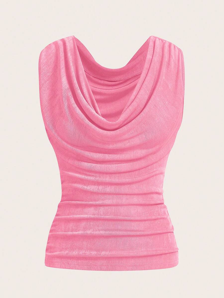 SHEIN ICON 女士纯色垂褶领休闲百搭日常上衣 - 粉色 - 查看 1