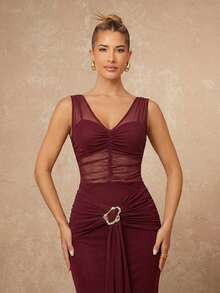 Lumalex Women's Elegant V-Neck Ruched Sleeveless Fitted Flared Maxi Dress With Metal Decor,Burgundy,Summer Dining Formal Evening Gown Wedding Guest Dress - Burgundy - View 9