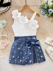 Elladie kids 2pcs/Set Tween Girls White Asymmetric Neck 3D Floral Ribbed Top & Denim Pearl Shorts Skirt With Bow,Cute Summer Blue And White Wedding Guest Outfits - White - View 4