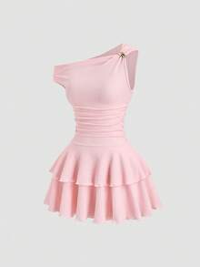 Sweetra French Elegant Asymmetric Shoulder Design Metal Button Accent Textured Knit Dual-Layer Asymmetrical Hem Dress, Fashionable Minimalist Romantic Style For Summer Holiday Party, Young Lady - Pink - View 1