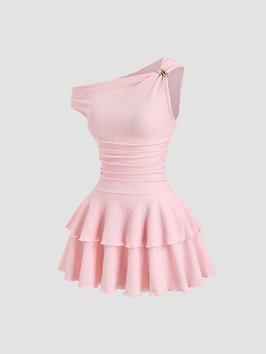 Sweetra French Elegant Asymmetric Shoulder Design Metal Button Accent Textured Knit Dual-Layer Asymmetrical Hem Dress, Fashionable Minimalist Romantic Style For Summer Holiday Party, Young Lady - Pink - View 1