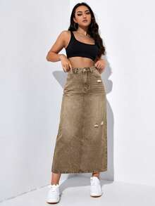 SHEIN EZwear 女士纯色简约休闲牛仔迷你裙 - 卡其色 - 查看 4