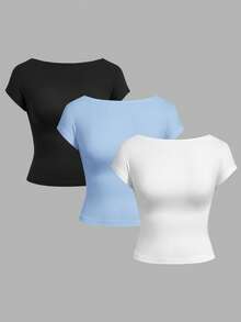 SHEIN EZwear 女士休闲简约V领短袖T恤，黑/蓝/白唇印图案，适合春夏旅行、度假、约会 - 彩色 - 查看 2
