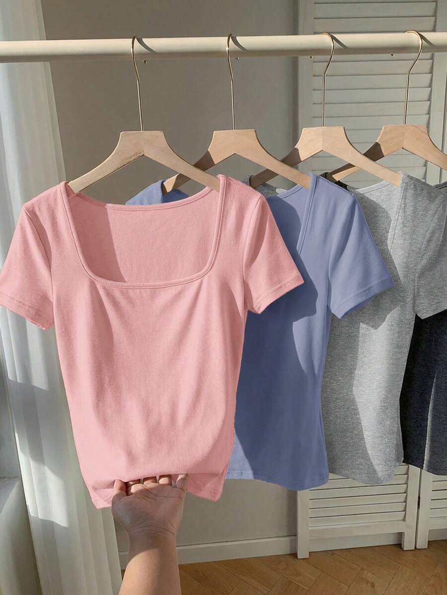 Comfortcana 4pcs/Set Plus Size Summer Square Neck Fitted T-Shirts - Multicolor - View 1