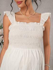 Momance White Elegant Maternity Summer Dress For Photoshoot,Pregnant Women Solid Color Shirred Ruffle Hem Casual Holiday Pregnancy Picnic Dress,Classic - White - View 7