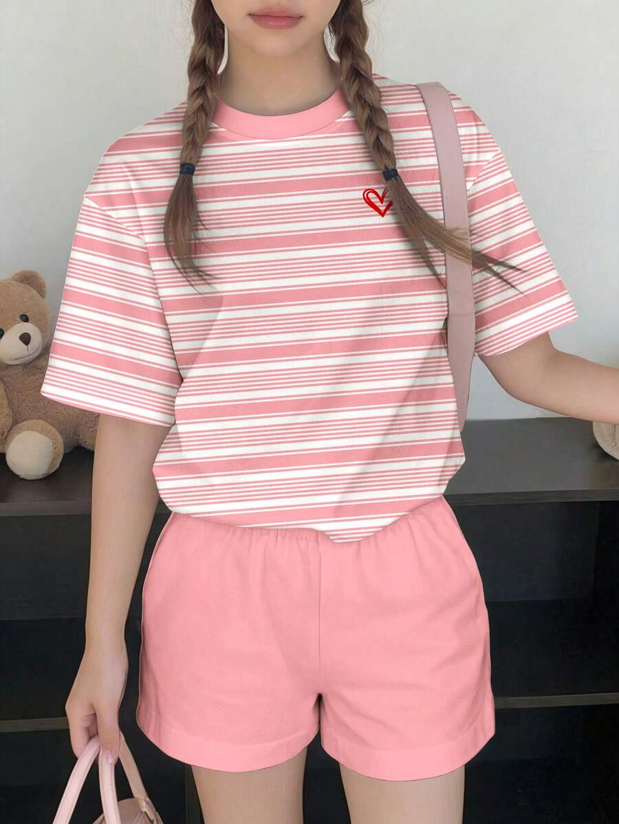 2pcs Tween Girls Casual Striped Heart Print Short Sleeve Top And Shorts Set, Suitable For Spring/Summer, Suitable For School - Multicolor - View 1