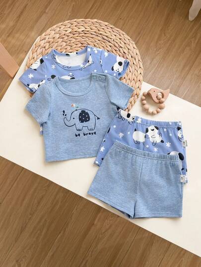 4pcs Baby Boy Cute Elephant Print Soft Knit Casual Comfortable Short Sleeve Shorts Pajama Set, Summer