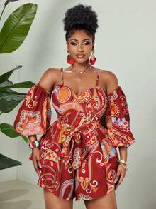 Maweii Plus Size Digital Print Elegant Off-Shoulder Backless Jumpsuit - Red - View 5