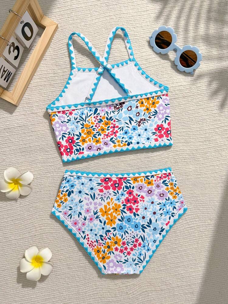 Bộ đồ bơi Tankini cổ yếm họa tiết hoa cho bé gái, viền hồng, kiểu dáng mùa hè, gồm 2 mảnh, đồ bơi mùa hè cho bé gái, đồ bơi họa tiết hoa, bikini họa tiết hoa, đồ bơi cho bé gái, bikini họa tiết hoa cho trẻ em. - Xanh và trắng - Xem 2