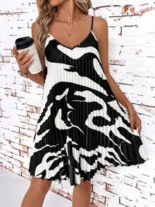 SHEIN Clasi Đầm maxi không dây màu cam xếp ly, đầm san hô, đầm mùa xuân - Đen và trắng - Xem 3