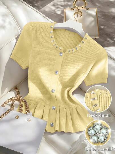 Franclia Cardigan elegant, casual, versatil, culoare solidă, cu guler rotund, mânecă scurtă, cu nasturi decorativi cu strasuri și perle, tiv cu volane, primăvară/vară