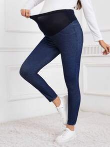 SHEIN Maternity Casual Patchwork Stretchy Knit Skinny Fit Jeans - Dark Wash - View 5