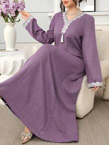 Al Najma Embroidered Loose Elegant Long Sleeve Turkish & Arabic Traditional Maxi Dress For Women - Purple - View 6