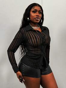 Glyssa Women's Black Striped Semi-Sheer Collared Button-Up Waist Cinching Casual Minimalist Sexy Alluring Sensual Valentine's Day Party Outfit Black Shirt - Black - View 5