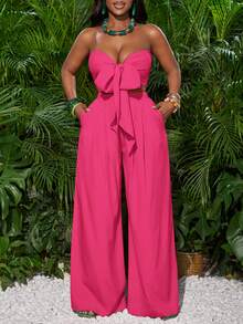 Slaydiva Rose Red Front Tie Bandeau Top And Wide Leg Pants Women Vacation Outfit - Hot Pink - View 1