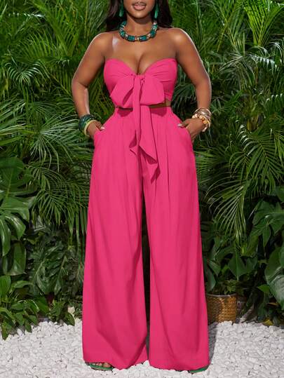 Slaydiva Rose Red Front Tie Bandeau Top And Wide Leg Pants Women Vacation Outfit
