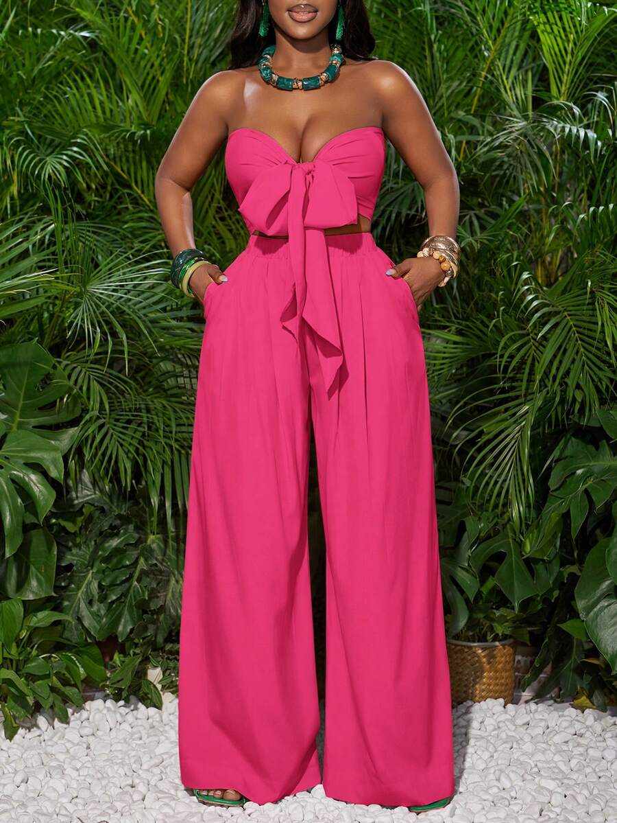 Slaydiva Rose Red Front Tie Bandeau Top And Wide Leg Pants Women Vacation Outfit - Hot Pink - View 1