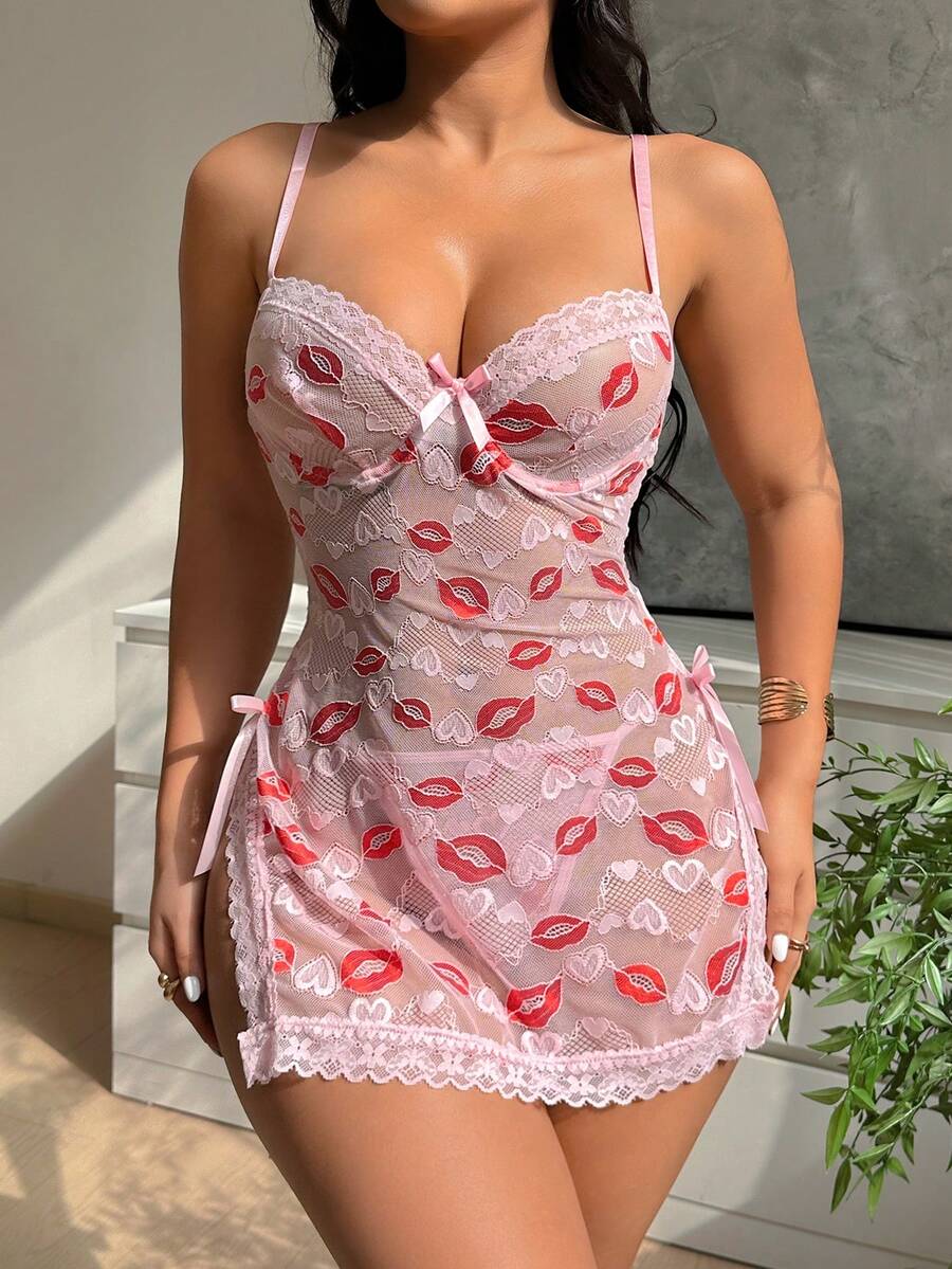 2 piezas Conjunto de camisón sexy de mujer con parches de encaje - Rosa - Ver 1