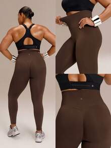 GLOWMODE Plus Size 24" Ultrafine Soft Seamless Powerful Strides Ultra-High Waist Tummy Control Scrunch Butt Lifting Leggings Running Workout Gym - Brown - View 8