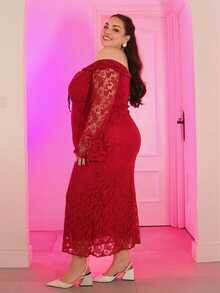 Pretty and Ole 加大码女式杏色蕾丝露肩优雅长裙，适合新年、情人节、约会、派对、日常通勤、优雅度假等场合。 - 紅色 - 查看 4