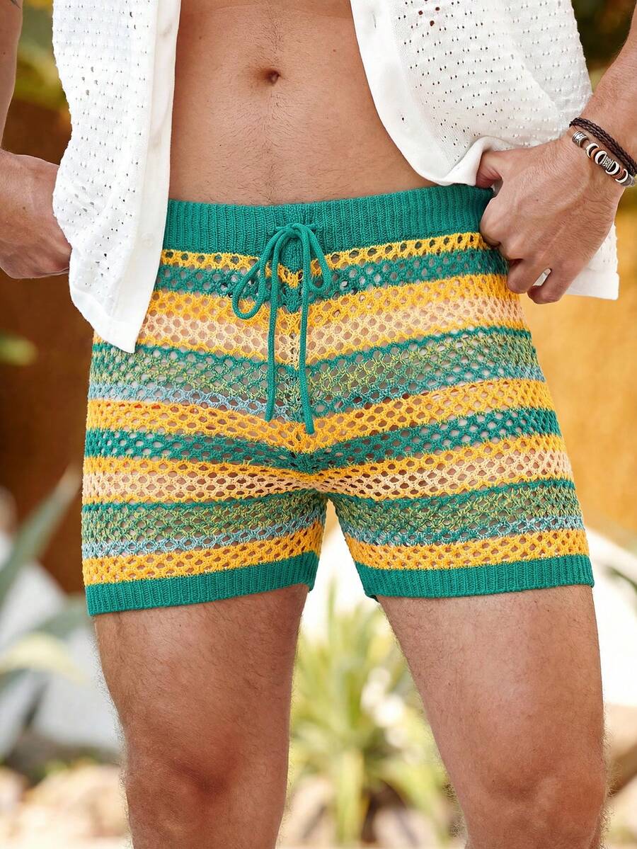 Manfinity Swimmode Men's Vacation Casual Multicolor Hollow Out Knitted Shorts Beach Clothes For Men Men Swim Trunks Beach Shorts Shorts For Men Beach Outfit For Men Beach Shorts For Men Shorts For Summer Swim Trunks For Men - Multicolor - View 1