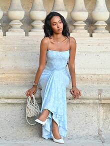 Mima John Ladies' Spring/Summer Holiday & Wedding Season Solid Color Cross Back Lace Trim Mermaid Dress Party - Baby Blue - View 6