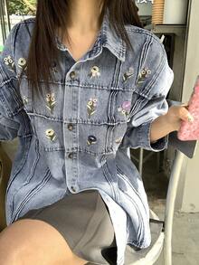 DAZY Áo sơ mi denim dài tay cổ bẻ thêu hoa dành cho nữ, kiểu dáng thường ngày. - Màu xanh lam - Xem 5