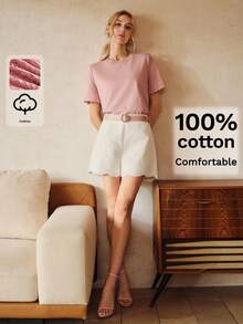 Anewsta 夏季新款蕾丝拼接时尚女士纯棉T恤，适合夏季、女士海滩、情人节、休闲简约风格 - 粉色 - 查看 7